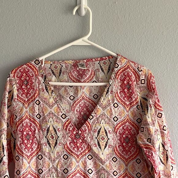 Prana Cotton Tunic Pink White Patterned Fabric V-Neck Split Hem Bottom Sleeves S - Picture 2 of 12